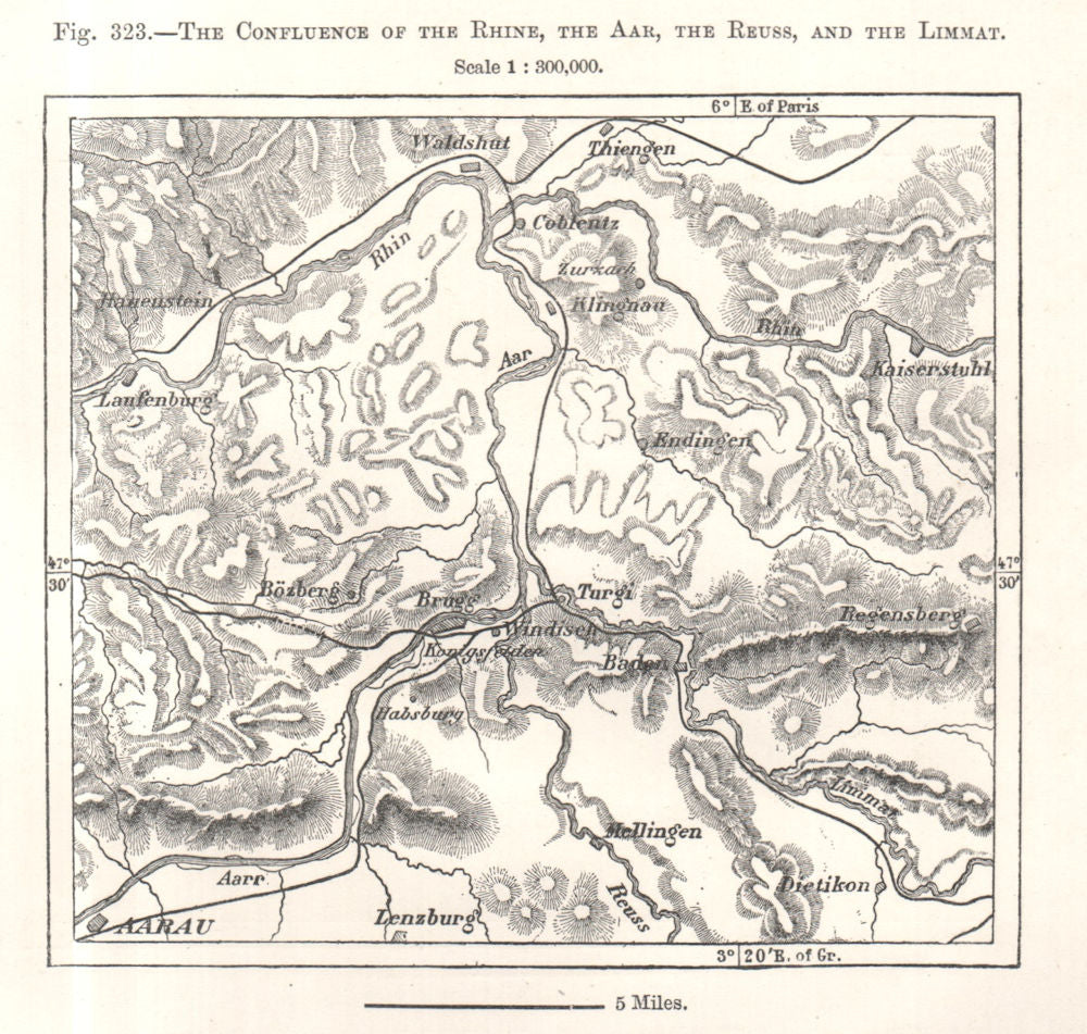 Confluence of the Rhine, Aar, Reuss & Limmat. Switzerland. Sketch map 1885